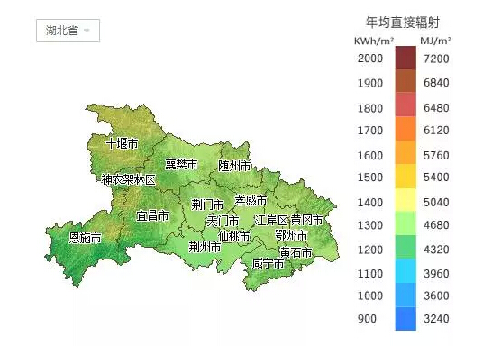 收藏:湖北所属各市太阳能资源分布图