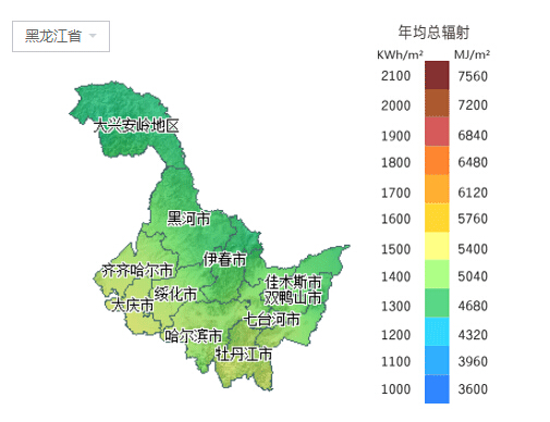 黑龙江省所属各市太阳能资源分布地图