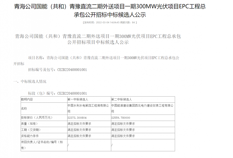 最低0.93元/瓦！水利水电、中国电建拟中标国家能源集团700MW青豫二期、增量配电网光伏项目