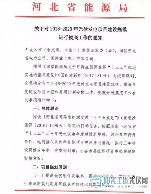 河北省能源局    关于对2018-2020年光伏发电项目建设规模进行摸底工作的通知 