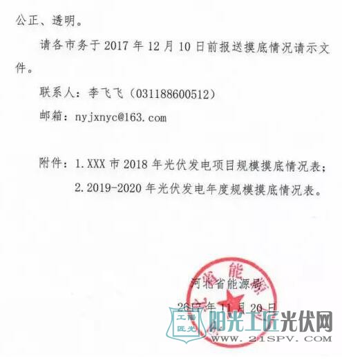 河北省能源局    关于对2018-2020年光伏发电项目建设规模进行摸底工作的通知 