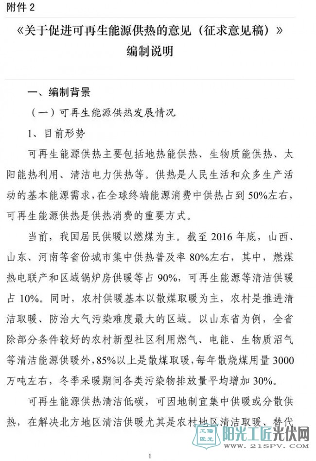 国家能源局综合司   关于征求对《关于促进可再生能源供热的意见》的函